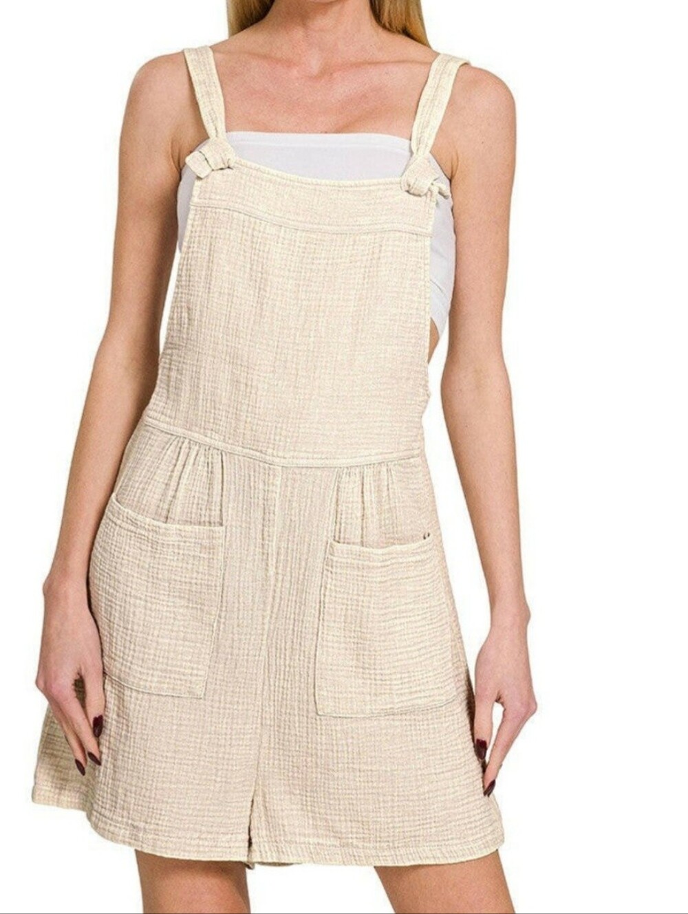NWT Zenana Sand Beige Woven Double Gauze Acid Washed Elastic Waist Romper Small